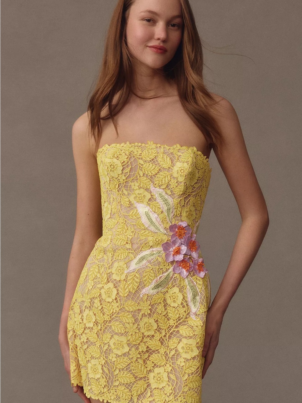 Strapless Yellow Lace Dress with Floral Appliqué
